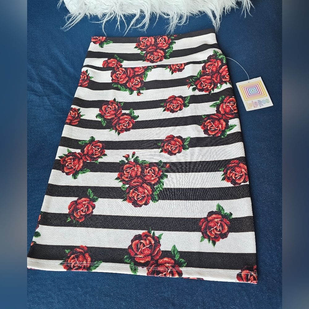 LuLaRoe Black and White Striped Pencil Skirt with Red Roses - Cassie
